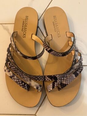 Women's Snake-Print Slide Sandals Neutral Brown Tan and Black. Italian Leather